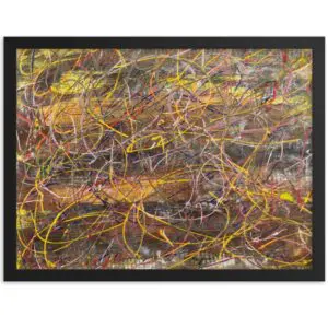 A Jackson Pollock style painting with vibrant swirling lines in yellows, reds, purples, and browns.