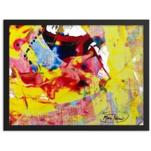 An acrylic abstract painting featuring rich reds, bright yellows, deep blues, and soft pinks in geometric slabs of paint, creating a vibrant, dynamic composition.