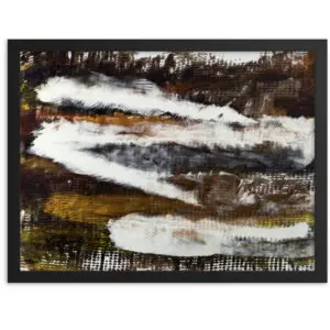An acrylic abstract painting featuring earthy browns and yellows, punctuated by white streaks that create contrast and motion.