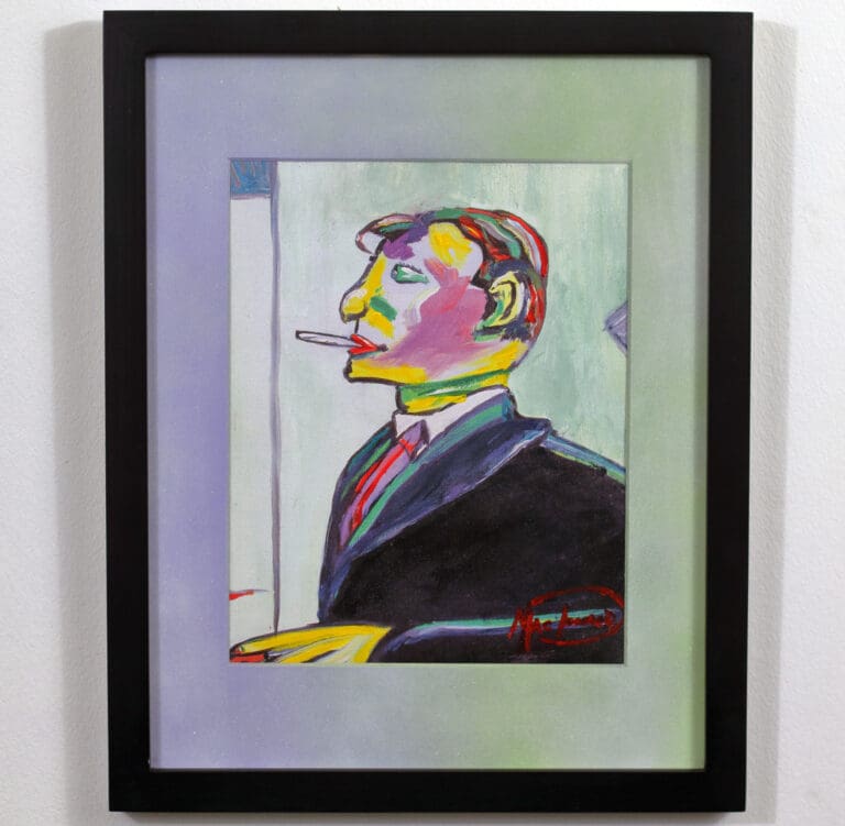 A modern art style painting of a profile of Pablo Picasso.