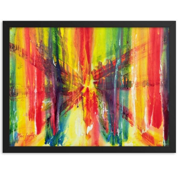 Bold brushstrokes and vibrant colors forms a dynamic, abstract starburst effect, with red lines symbolizing a bridge leading the viewer toward an imagined city by the water.