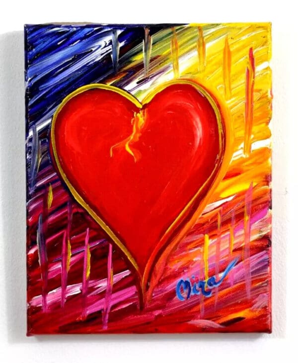 A painting of a large red heart with a yellow and orange background. A red image is dangling from the top of the heart.