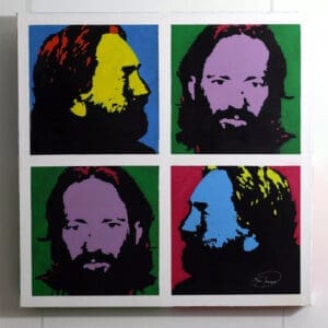 A pop art painting showing four colorful graphic pictures of Willie Nelson in each quadrant.