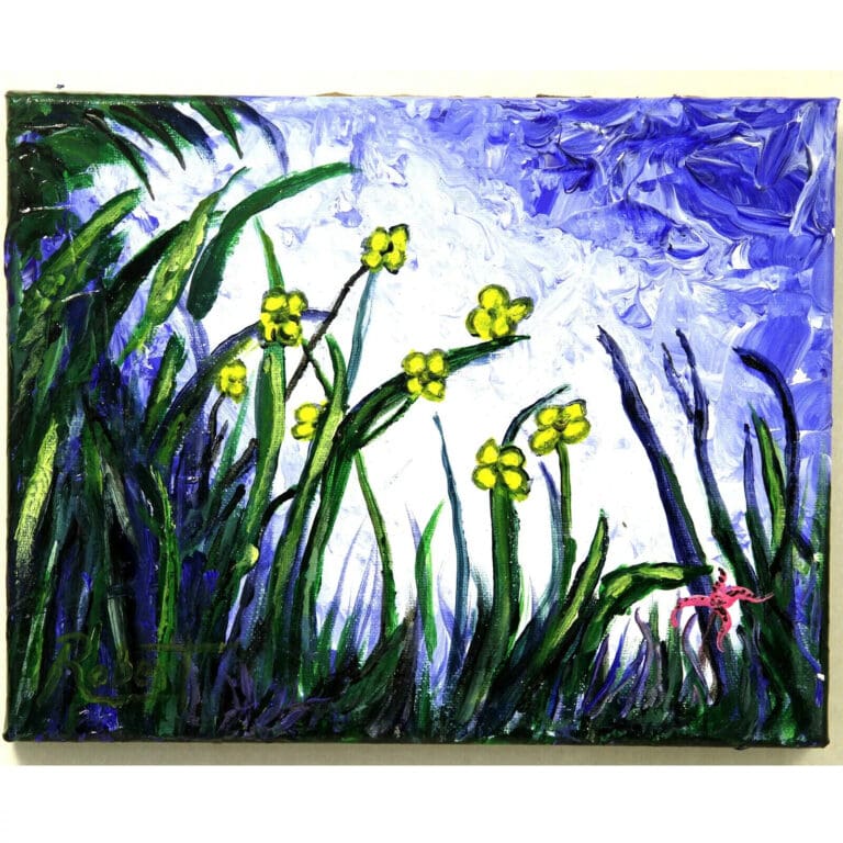 A painting of a garden landscape. The foreground features tall green grass interspersed with bright yellow flowers.