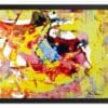 An abstract framed print featuring bold geometric slabs of yellow, red, and pink, creating a vibrant and dynamic composition.