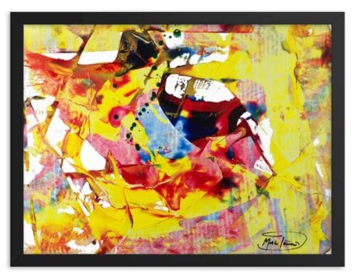 An abstract framed print featuring bold geometric slabs of yellow, red, and pink, creating a vibrant and dynamic composition.