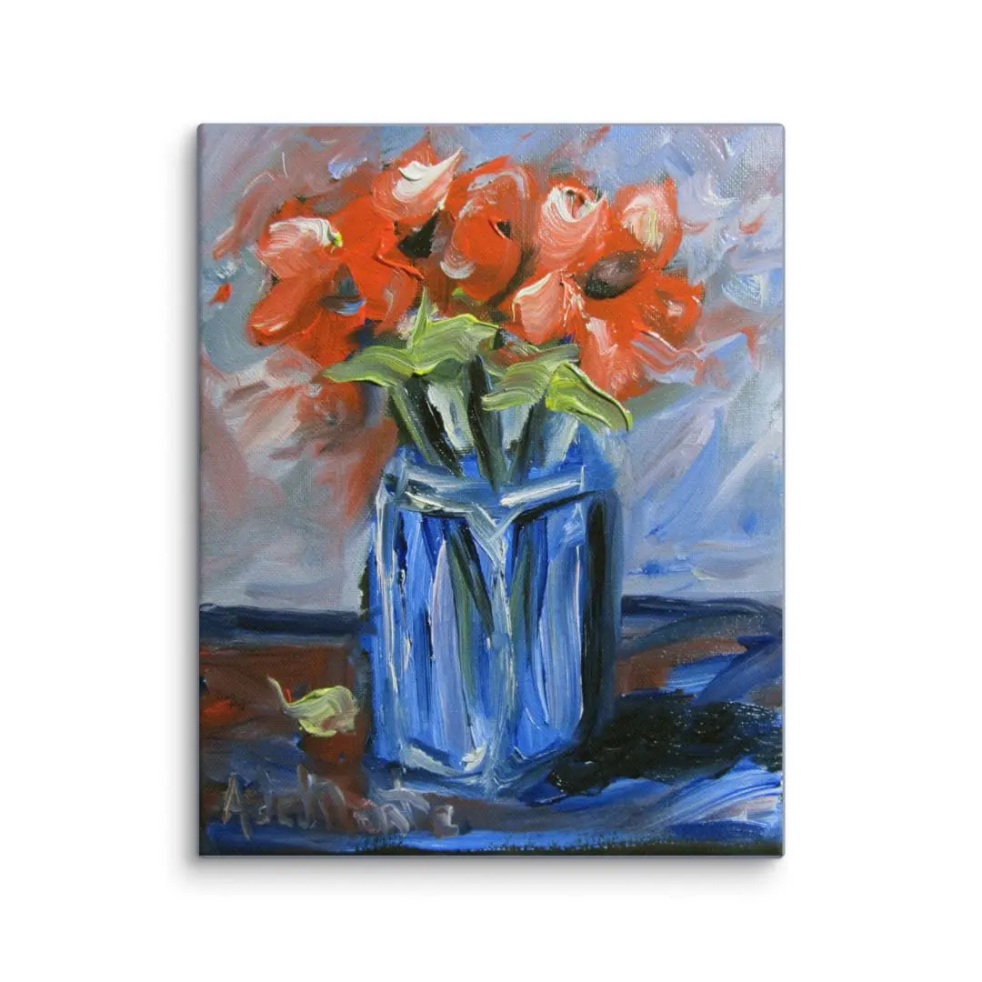 "Flowers in Blue Vase" (Framed/Unframed Canvas) by Andre de Monte (8x10) 2 "Flowers in Blue Vase" (Framed/Unframed Canvas) by Andre de Monte (8x10) - Image 2