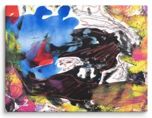 Swirling blues, reds, and yellows intertwine with playful yellow scribbles and textured black areas, symbolizing the unpredictability of change.