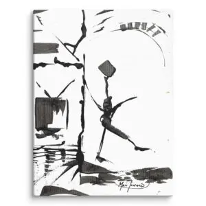 A black and white abstract gallery canvas print featuring bold, fluid brushstrokes that suggest a dancing figure in motion.