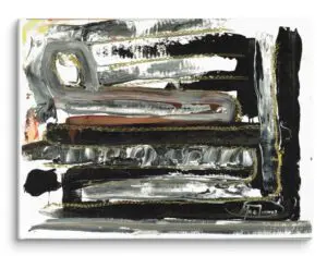 A fine art print with bold abstract forms in black, white, brown, and grey, accented with touches of gold and red.