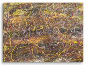 Crazy Calm Thoughts is an original abstract painting by Robert MacDonald. Appearing much like a Jackson Pollock painting, it is characterized by a complex network of swirling, interwoven lines in vibrant colors. Dominant hues include yellows, reds, purples, and browns, with the lines dynamically overlapping to create a sense of movement and energy. The background consists of a textured mix of darker tones, enhancing the contrast and intensity of the colored lines, evoking a sense of chaos and spontaneity.