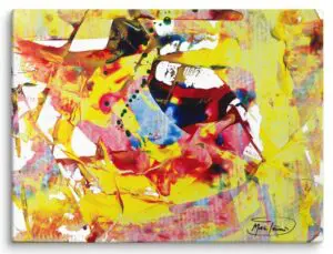 An abstract piece with vibrant yellow, red, and pink hues, featuring bold geometric slabs of paint that create a dynamic, energetic composition.