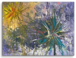 An abstract canvas print featuring vibrant bursts of blue, green, yellow, and red against a layered purple and grey background.