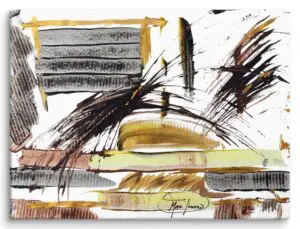 An abstract canvas print featuring bold brushstrokes in black, brown, and yellow, with sweeping, energetic lines and textured layers. The interplay of geometric forms and arcs.