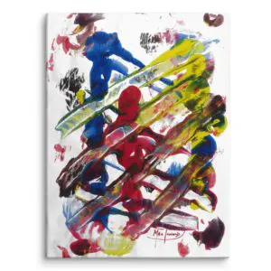 An abstract print of bold, overlapping strokes of blue, red, yellow, green, and black.