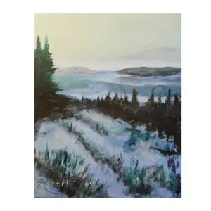 A serene landscape painting of snow-covered fields, rolling hills, and tall evergreens in The Yukon, set under a cool blue and white palette.