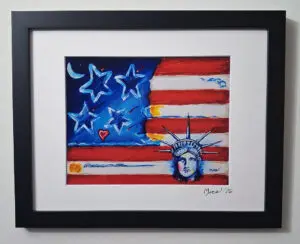 US Flag with Liberty Head in the style of Peter Max Print Signed Mira Framed COA