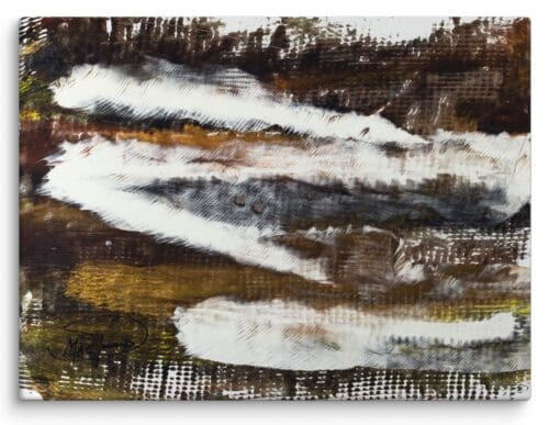 An abstract canvas print featuring earthy browns and yellows, accented by white streaks that add contrast and motion.