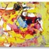 An abstract piece with vibrant yellow, red, and pink hues, featuring bold geometric slabs of paint that create a dynamic, energetic composition.