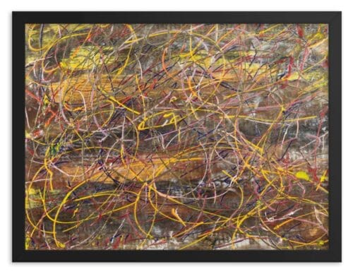 A framed abstract print with vibrant, interwoven lines resembling a Pollock-style composition. Dominant hues of yellow, red, purple, and brown create dynamic movement against a textured dark background.