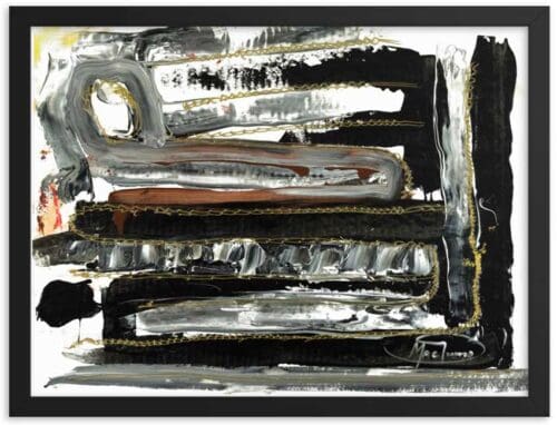 An abstract painting with bold abstract forms in black, white, brown, and grey, accented with touches of gold and red.