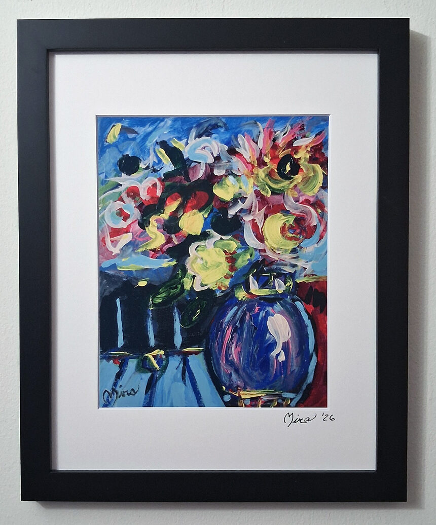 Abstract Flowers in Blue Vase After Peter Max Print of Original by Mira COA 1 Abstract Flowers in Blue Vase After Peter Max Print of Original by Mira COA
