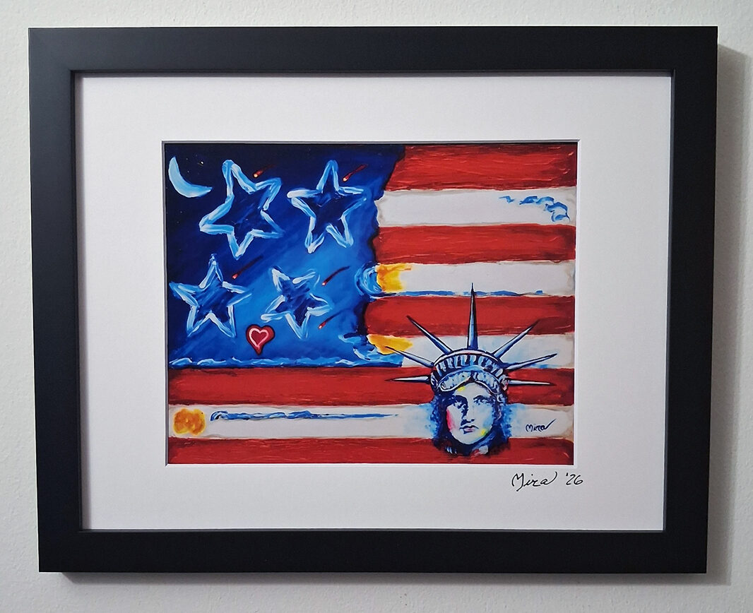 US Flag with Liberty Head in the style of Peter Max Print Signed Mira Framed COA 1 US Flag with Liberty Head in the style of Peter Max Print Signed Mira Framed COA