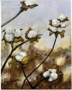 "High Cotton" by Robert MacDonald 1 Several brownish cotton plants standing against a muted and blurring background.