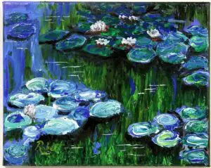 A lily pond painting with blue lily pads and green reflection of trees in the water.