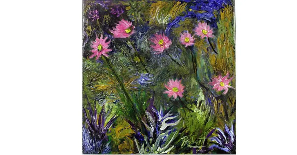 Pink Starburst Flower Garden Painting 1 A green grassy garden with pink starburst sunflowers coming out of it.