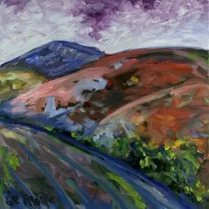 Rolling Hills Landscape Oil Painting "A. de Monte" 1 A multicolored impressionist landscape of rolling hills.