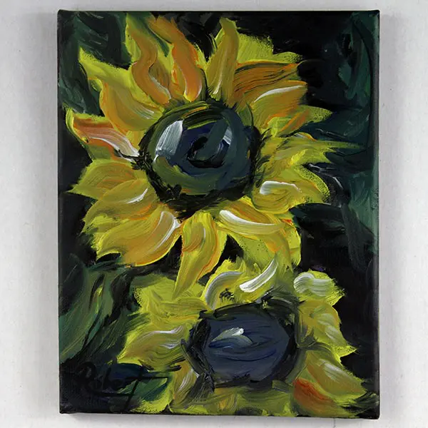A impressionist painting of two sunflowers one above the other.