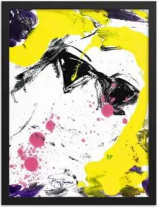 An abstract girl wearing black triangle sunglasses with yellow hair and pink splatters.