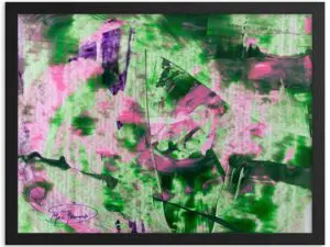 A green, pink, and with a purple patch abstract geometric painting. 