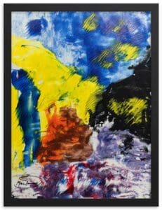A blue, yellow, purple, orange, and black abstract painting of Café Terrace at Night.