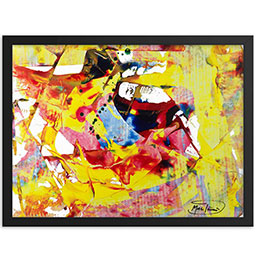 The Wise One consists of two abstract circular forms on a white background. These shapes are dynamically layered with bold strokes of black, red, blue, yellow, and green. The colors blend and overlap, creating a sense of movement and energy. Black splatters and spots contribute to the composition's expressive and lively nature. The overall effect is vibrant and visually engaging, with a playful, spontaneous quality.